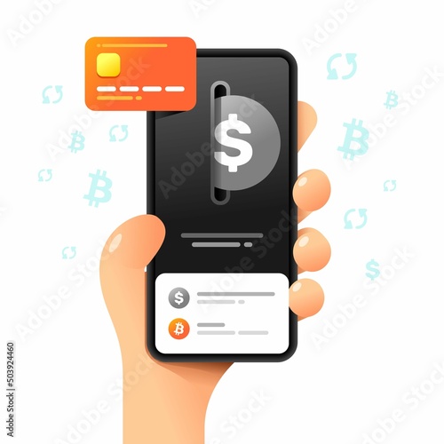 Smartphone mockup in human hand. Exchange operation. Credit card and dollar. Vector colorful cryptocurrency illustration