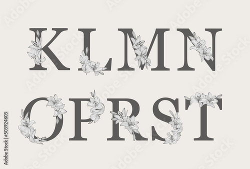Floral botanical alphabet. Letter with plant and flower. Part 2