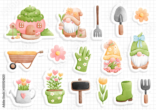 Sticker sheet garden gnome , spring gnome vector illustration