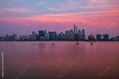 Panoramic skyline and modern commercial buildings with river in Hangzhou, China. © ABCDstock