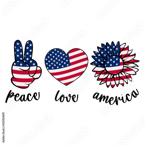 Peace love America. Patriotic design. Patriotic symbols with stars and stripes. Independence day.