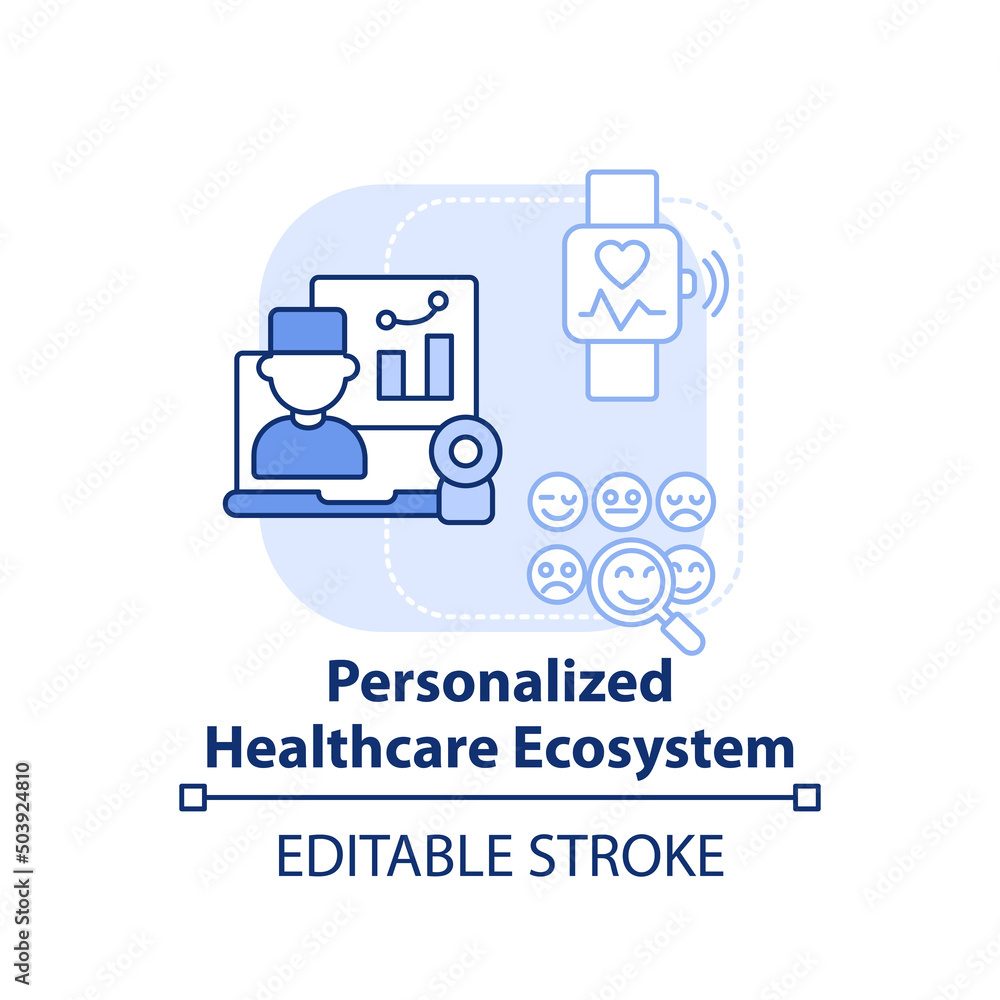 Personalized healthcare ecosystem light blue concept icon. Mental health trend abstract idea thin line illustration. Isolated outline drawing. Editable stroke. Arial, Myriad Pro-Bold fonts used