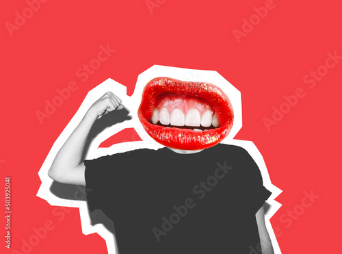 Modern art collage. Instead of a head, a crazy mouth screams, showing a fist. A gesture of freedom and protection without violence. White teeth. Red background.