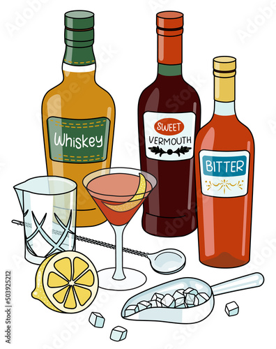 Doodle cartoon Boulevardier cocktail and ingredients composition. Bottles of whiskey and sweet red vermouth, orange bitter, ice scoop and lemon. For bar menu, stickers or alcohol cook book recipe.