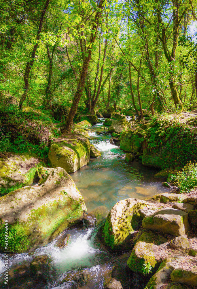 Obraz premium Mazzano Romano (Rome, Italy) - Waterfalls of Monte Gelato in the Regional park of Valle del Treja, province of Rome, with suggestive trekking paths