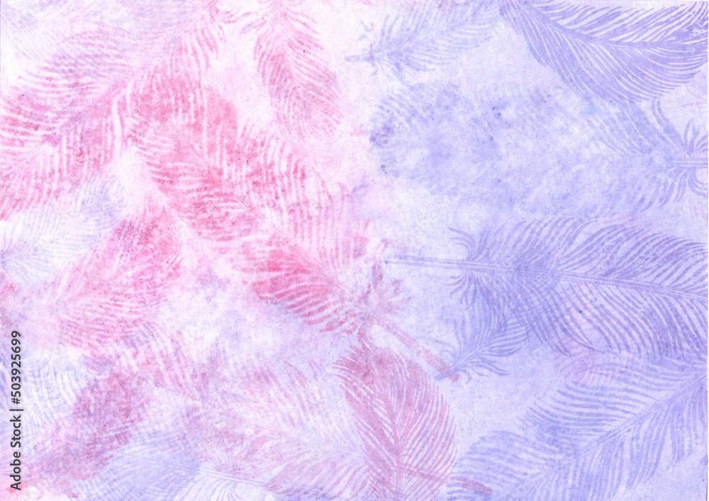 Soft pastel feathers. Watercolor feathers in pink and purple  colors. Soft painted feathers background. Greeting card backdrop.