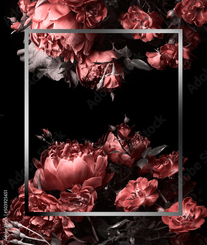 Fototapeta Naklejka Na Ścianę i Meble -  Red peonies and roses on a black background, silver frame and flowers, studio shot.