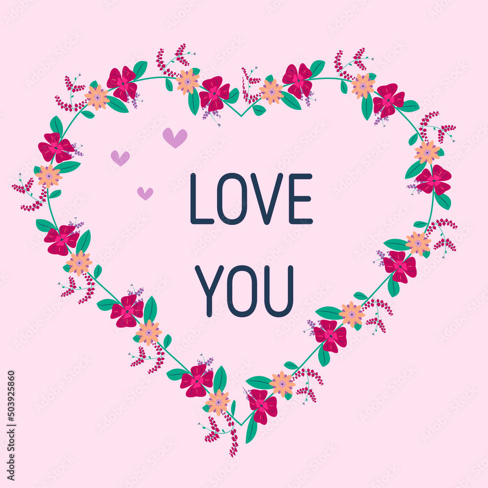 Love you postcard with floral heart on pink background Love you postcard with floral heart on pink background