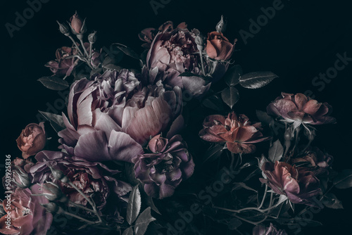 Dark peonies on a dark background, vintage composition, studio shot