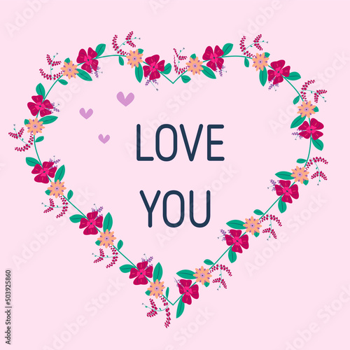 Love you postcard with floral heart on pink background