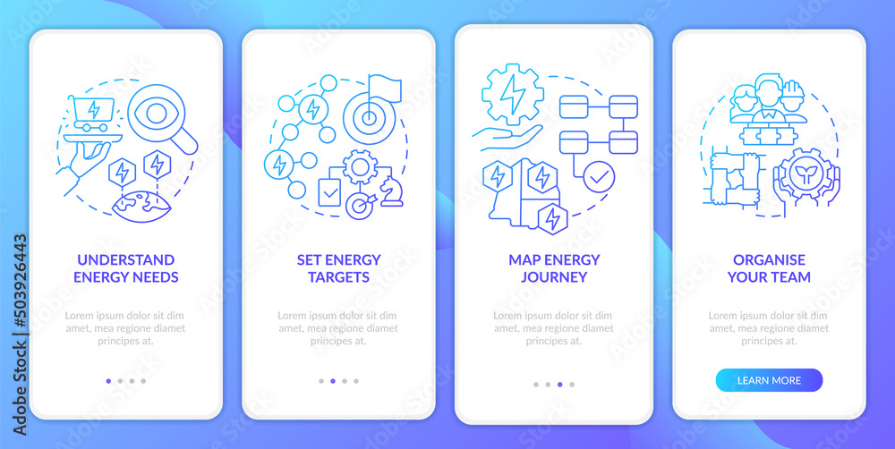 Energy management process blue gradient onboarding mobile app screen. Walkthrough 4 steps graphic instructions pages with linear concepts. UI, UX, GUI template. Myriad Pro-Bold, Regular fonts used