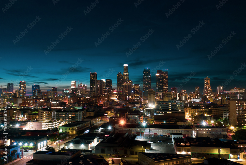Los Angeles downtown buildings at night. Los Angeles drone view of downtown skyline. 