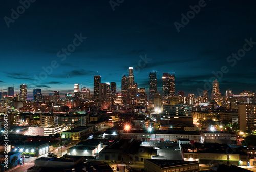 Los Angeles downtown buildings at night. Los Angeles drone view of downtown skyline. 