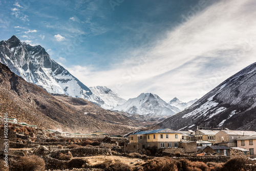 Panoramic view of snow mountains range landscape. Panoramic view of himalayas mountains. Highest mountain in the world. National Park, Nepal.