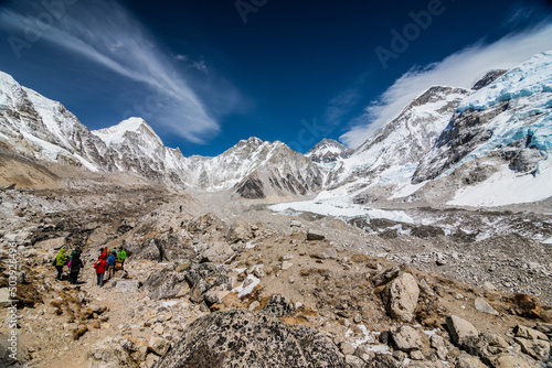 Panoramic view of snow mountains range landscape. Panoramic view of himalayas mountains. Highest mountain in the world. National Park, Nepal.