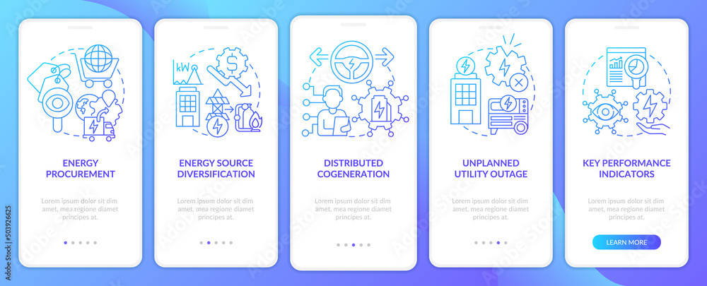 Successful energy management blue gradient onboarding mobile app screen. Walkthrough 5 steps graphic instructions pages with linear concepts. UI, UX, GUI template. Myriad Pro-Bold, Regular fonts used