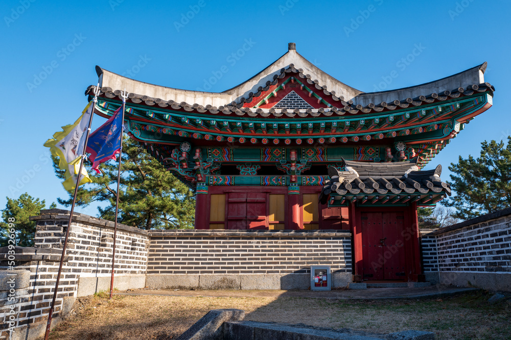 Upper pavilion on the gate of the Gwangseongbo Fortress, part of the Gwangseongbo Fort, also named Anhaeru, meaning peaceful sea, Ganghwa island, Incheon, South Korea.