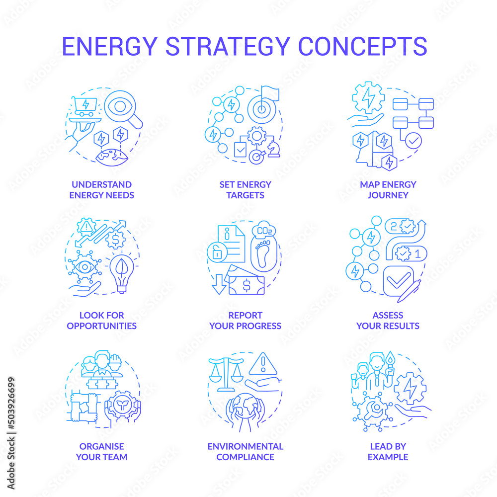Energy strategy blue gradient concept icons set. Managing energy consumption idea thin line color illustrations. Look for opportunities. Isolated symbols. Roboto-Medium, Myriad Pro-Bold fonts used Energy strategy blue gradient concept icons set. Managing energy consumption idea thin line color illustrations. Look for opportunities. Isolated symbols. Roboto-Medium, Myriad Pro-Bold fonts used