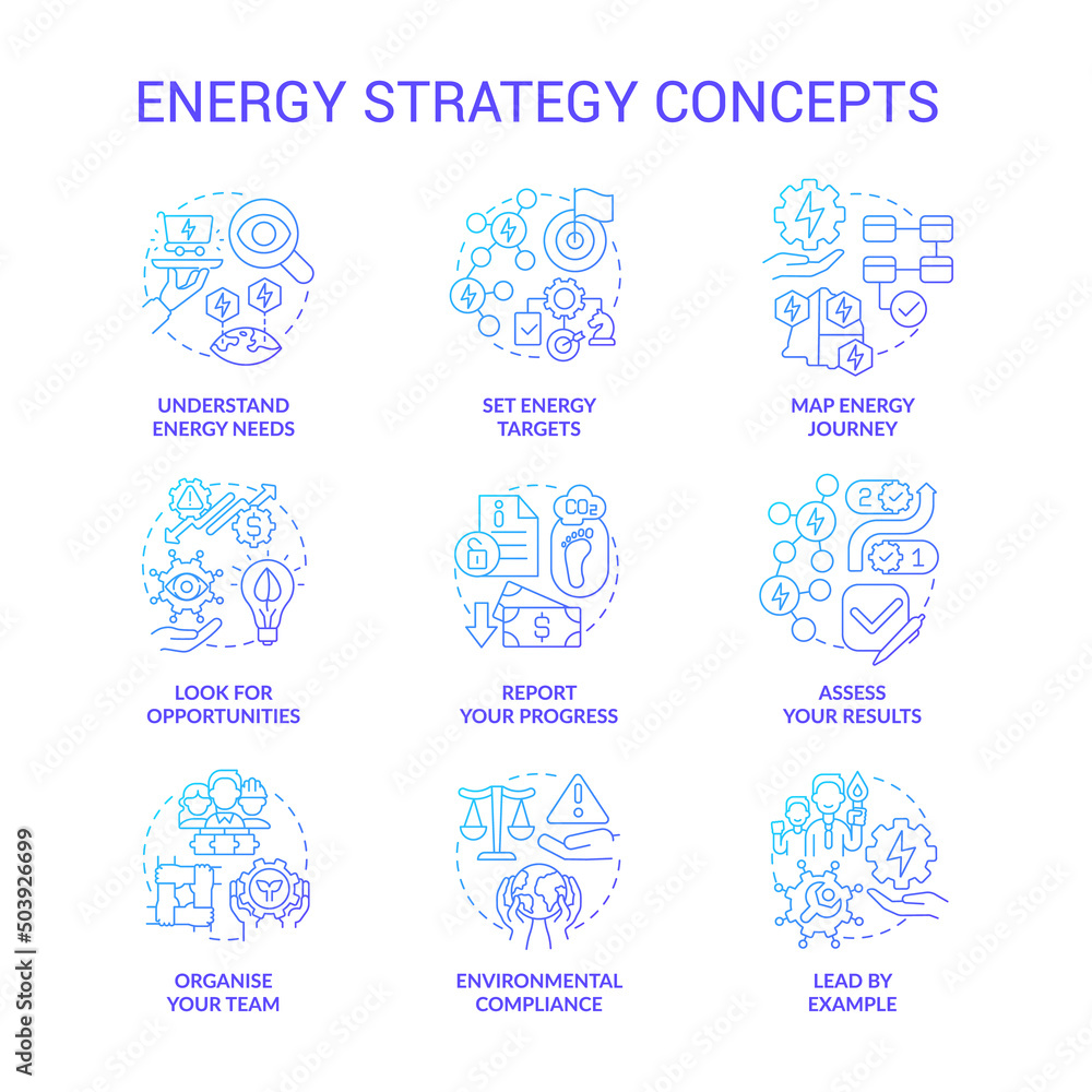 Energy strategy blue gradient concept icons set. Managing energy consumption idea thin line color illustrations. Look for opportunities. Isolated symbols. Roboto-Medium, Myriad Pro-Bold fonts used