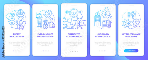 Successful energy management blue gradient onboarding mobile app screen. Walkthrough 5 steps graphic instructions pages with linear concepts. UI, UX, GUI template. Myriad Pro-Bold, Regular fonts used