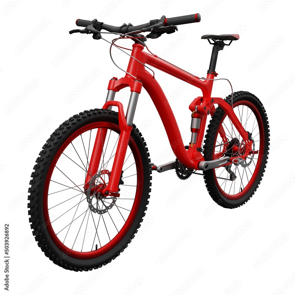 Red mountain bike on an isolated white background. 3d rendering.