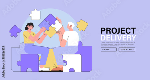 People hold jigsaw puzzle. Concept of business delivery or solution, teamwork and project realization, office or team corporate work organisation management. Characters fulfill tasks together.