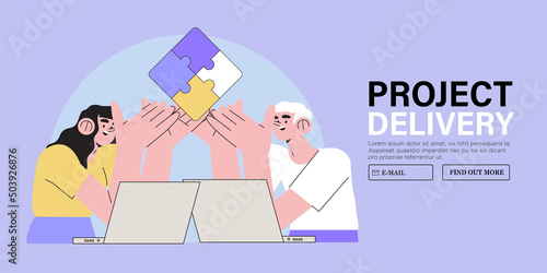 People hold jigsaw puzzle. Concept of business delivery or solution, teamwork and project realization, office or team corporate work organisation management. Characters fulfill tasks together.
