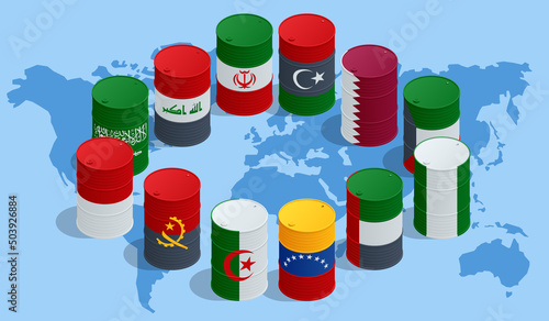 Isometric Organization of the Petroleum Exporting Countries, OPEC. Oil production. Oil barrels in color of flags of countries memebers of OPEC on world political map photo