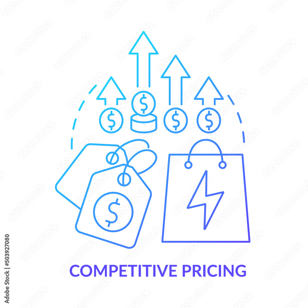 Competitive pricing blue gradient concept icon. Energy strategy element abstract idea thin line illustration. Establish market prices. Isolated outline drawing. Myriad Pro-Bold font used Competitive pricing blue gradient concept icon. Energy strategy element abstract idea thin line illustration. Establish market prices. Isolated outline drawing. Myriad Pro-Bold font used