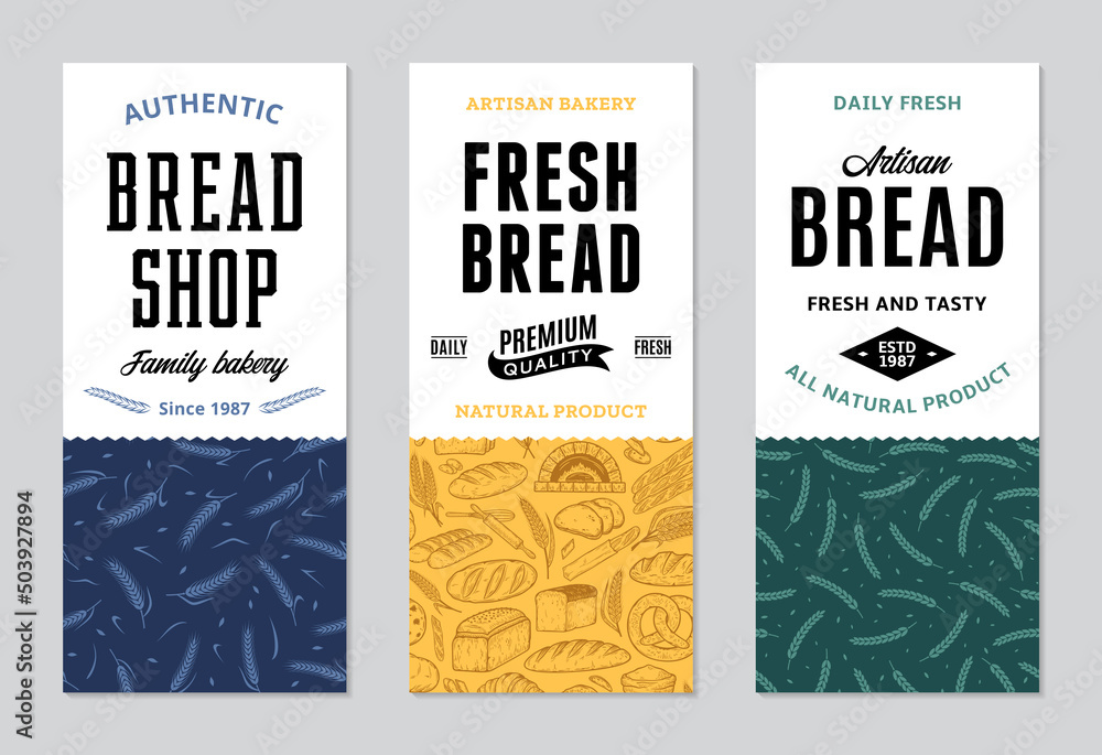 Bread labels in modern style. Bread and packaging design templates for baked goods, bakery branding and identity. Vector bakery illustrations and patterns - obrazy, fototapety, plakaty 