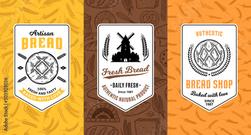 Bread labels, logo and packaging design templates for baked goods, bakery branding and identity. Vector bakery illustrations and patterns