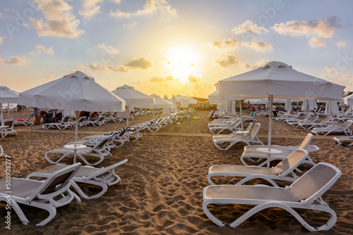 Fototapeta Naklejka Na Ścianę i Meble -  Scenic sunset on beach in Side, Antalya region, Turkey