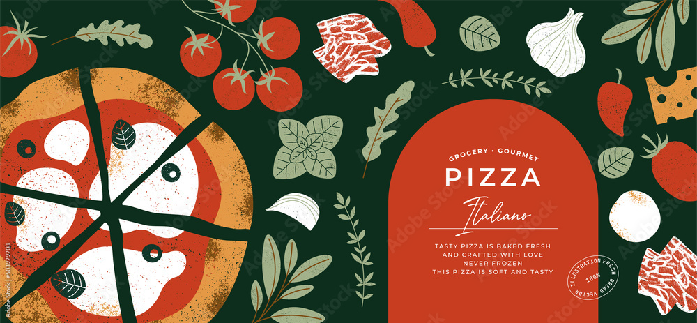 Italian pizza horizontal design template. Pizza Margherita with tomatoes and mozzarella on the dark background.  - obrazy, fototapety, plakaty 