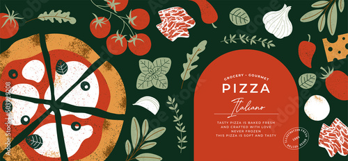 Italian pizza horizontal design template. Pizza Margherita with tomatoes and mozzarella on the dark background. 