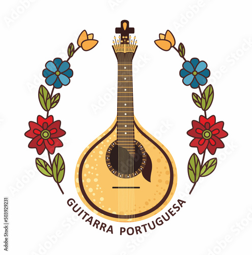 Guitarra Portuguesa ancient Fado folk musical instrument in Portugal. Portuguese guitar. Vector illustration