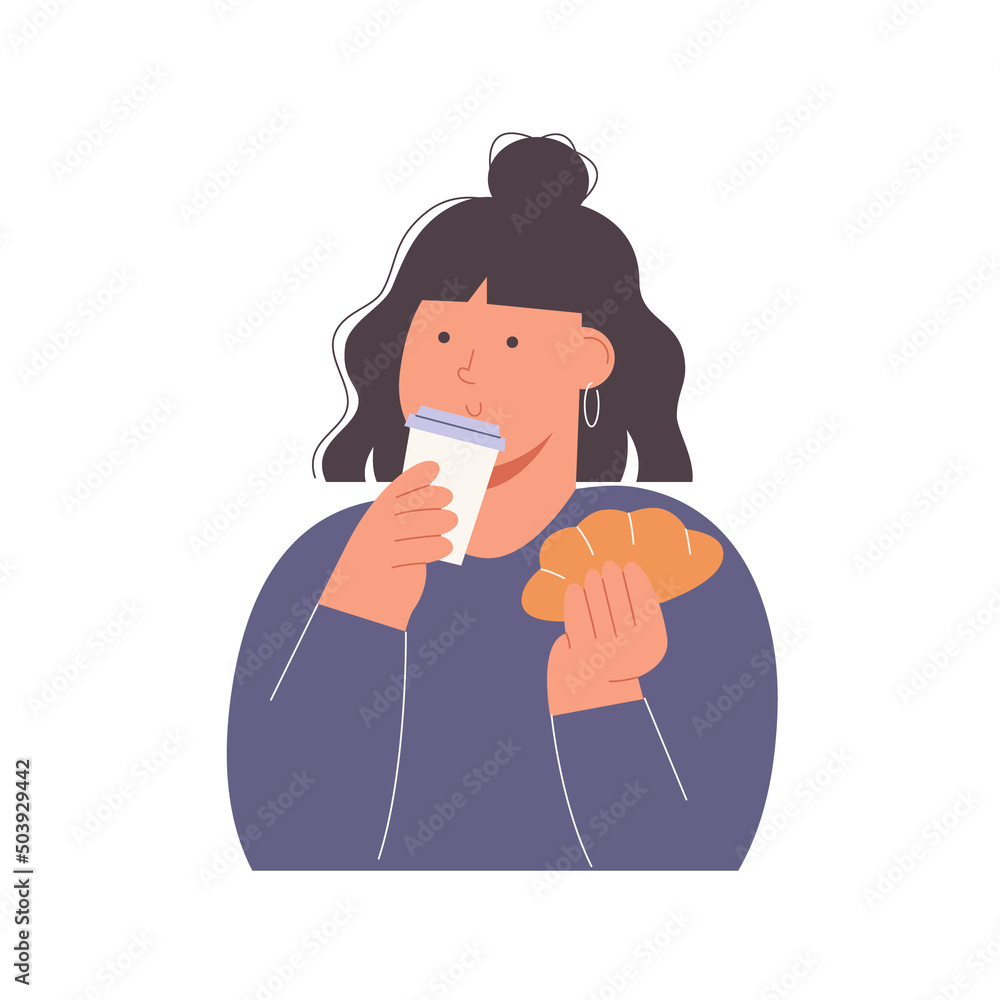 Girl drinking coffee in coffee shop or cafeteria, woman enjoying her cappuccino and a croissant, young woman holding her cup sitting at cafe table, flat vector illustration, cartoon character