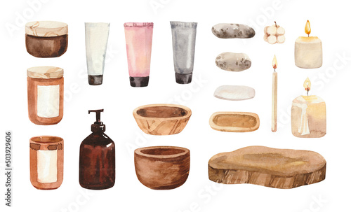 Watercolor hand painted home spa bathroom interior decor illustration isolated on white background. Candles, jars, stones, cosmetics. Hand painted illustration isolated on white background.