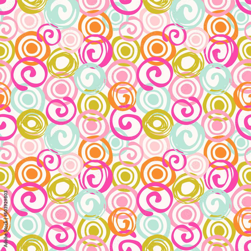 Seamless vector pattern with swirls, spirals and circles in trendy color palette.