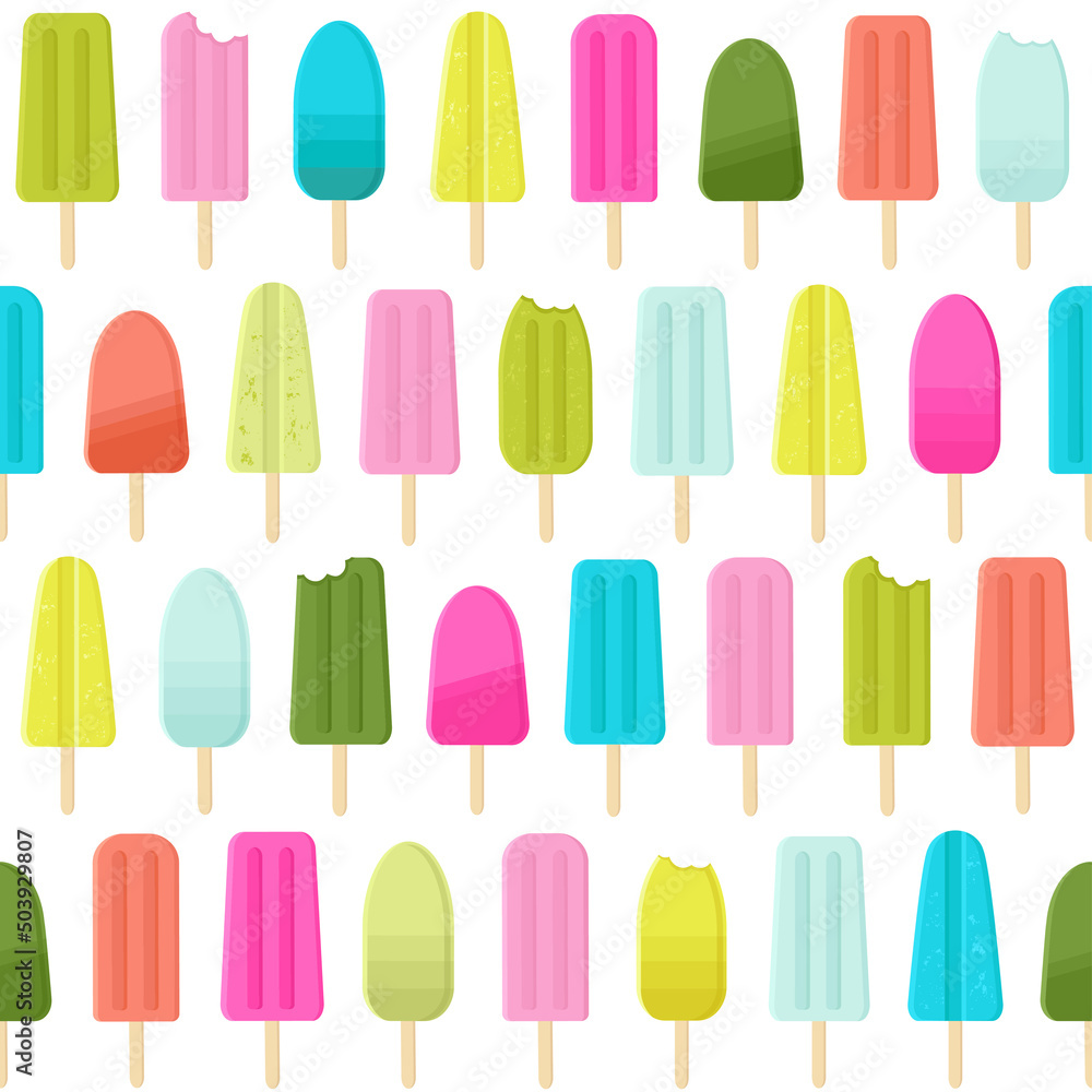 Seamless vector pattern with ice cream and popsicles in bright color palette. Seamless vector pattern with ice cream and popsicles in bright color palette.
