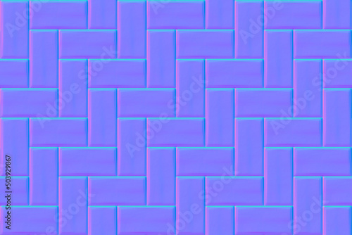 Normal map seamless texture of subway herringbone tile pattern. Bump mapping of metro floor or wall. Brick background. Interior glossy mosaic grid with rectangle elements for 3d shaders and materials