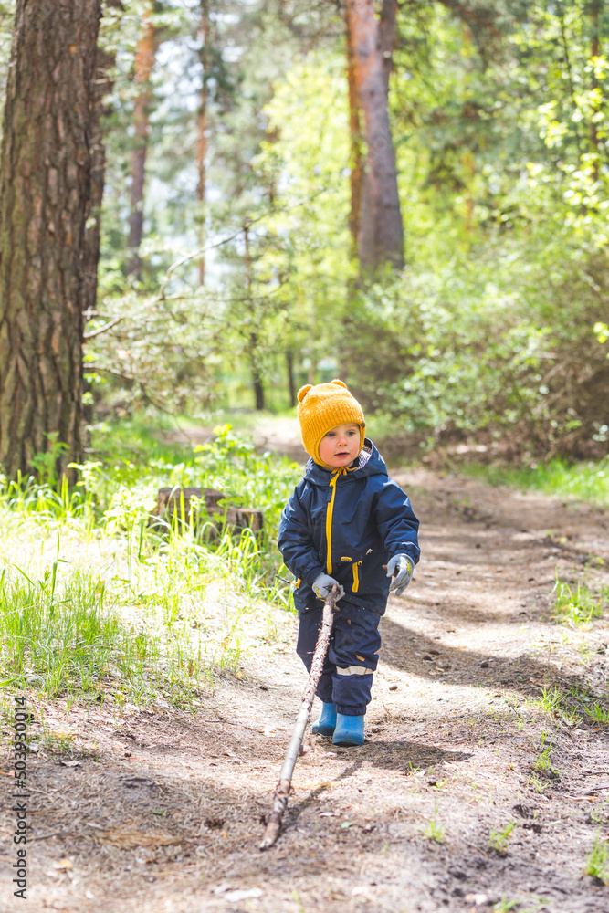 Toddler boy walks in the forest Toddler boy walks in the forest