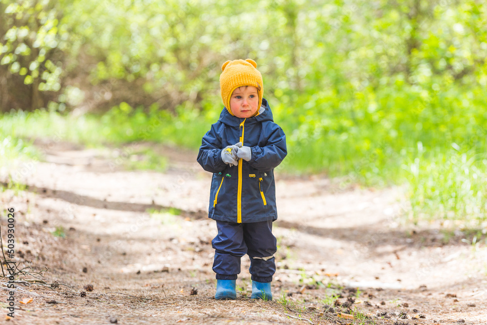 Toddler boy walks in the forest Toddler boy walks in the forest
