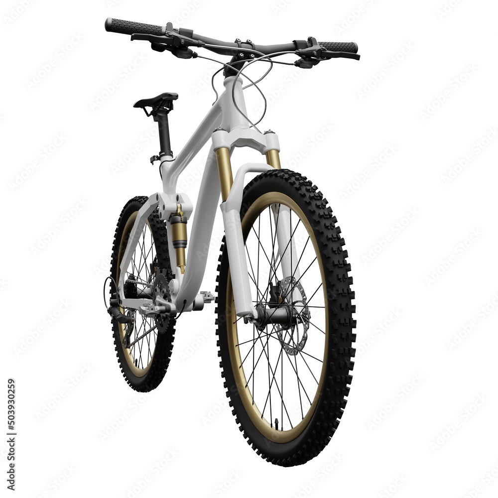 White mountain bike on an isolated white background. 3d rendering.