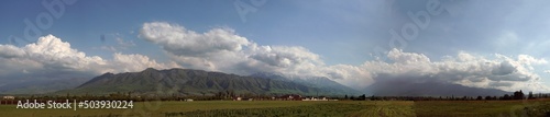 Horizon cloudy sky, mountains, panorama with poppies. 