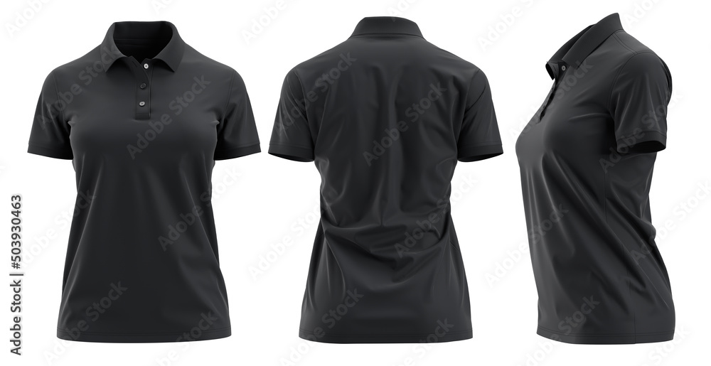 Black polo shirts mockup for ladies,  front back and side used as a design template, isolated on white background - obrazy, fototapety, plakaty 
