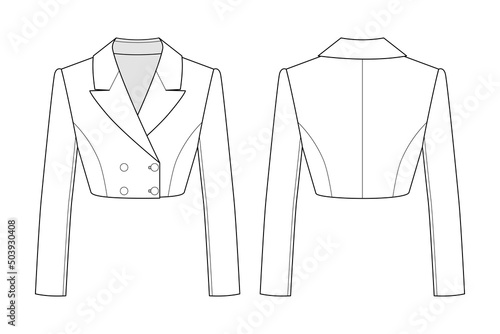 Fashion technical drawing of croped fitted double-breasted jacket for women