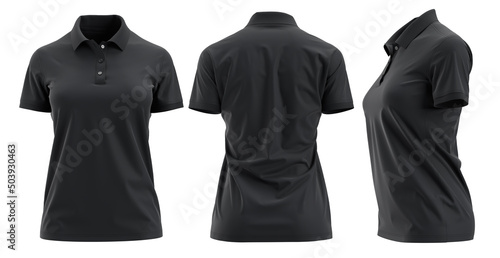 Black polo shirts mockup for ladies, front back and side used as a design template, isolated on white background