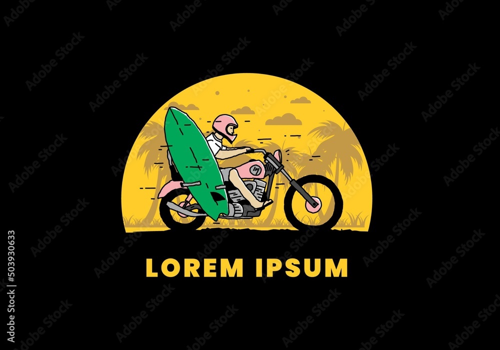 Ride motorcycle with surfing board illustration Ride motorcycle with surfing board illustration