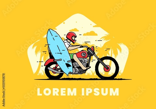 Ride motorcycle with surfing board illustration