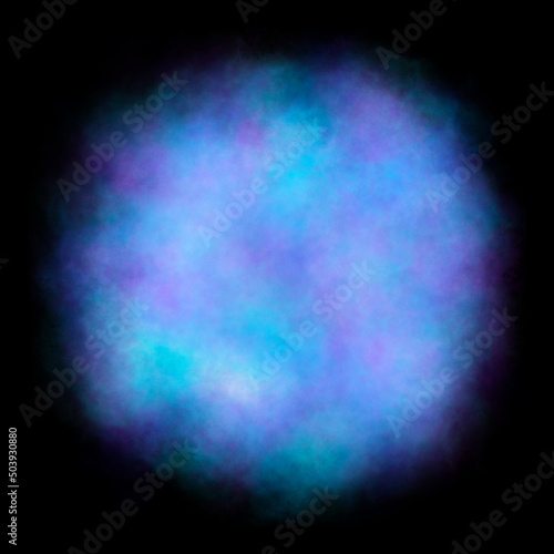 Round foggy blue cloud on black background. Neon colors.